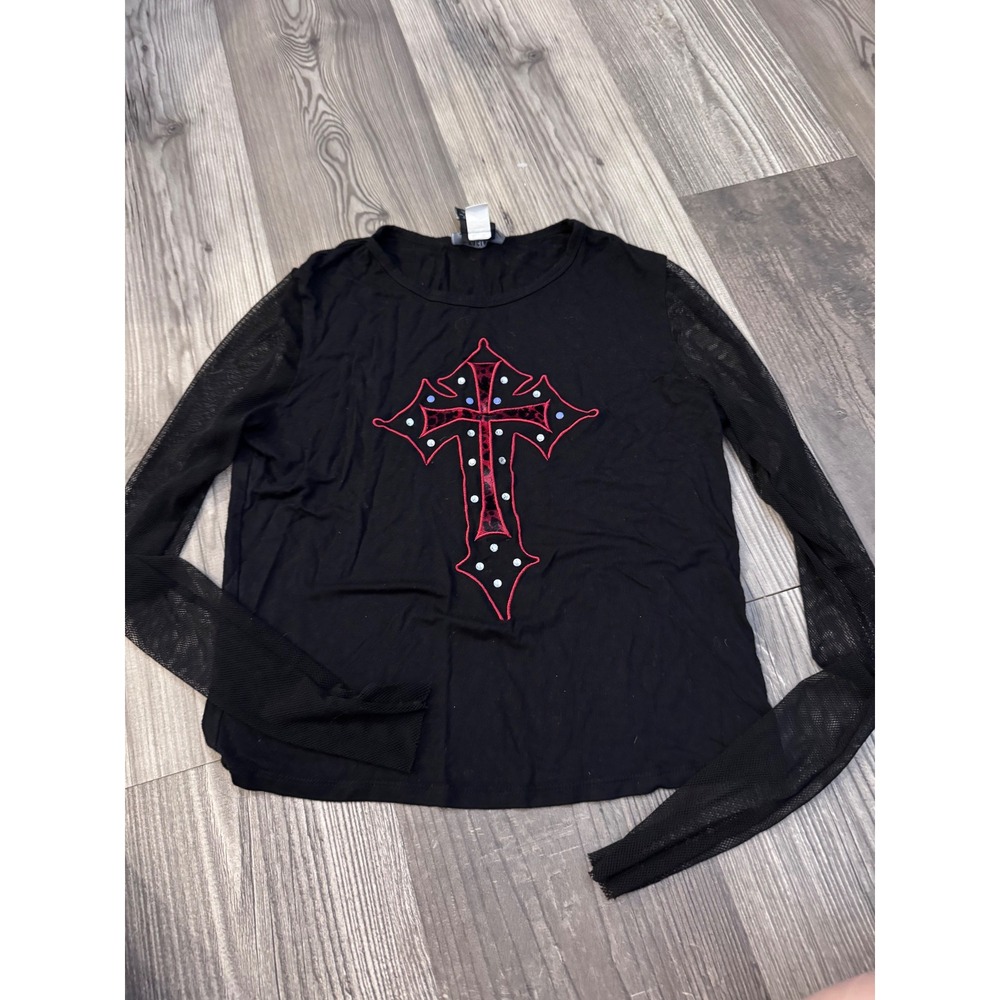Social Collision Black Mesh Sleeve Top Red Leopard Rhinestone Cross Goth LG